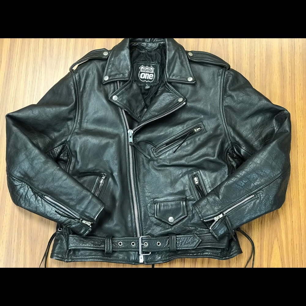 Highway One Men’s large black leather biker jacket